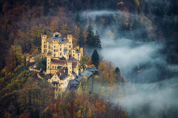 云雾弥漫在森林上的著名的Hohenschwangau宝库城堡的空中景观 — 图库照片