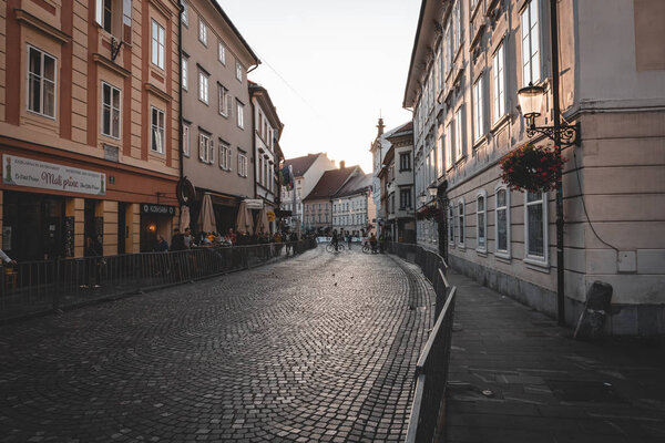LJUBLJANA, SLOVENIA - OCTOBER, 2019: Old streets of historical center of Ljubljana city