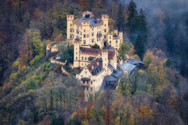 Hohenschwangau Bavyera kalesi. Eski sarı bina manzaralı. Sonbahar mevsiminde ormanda güzel bir sis var.