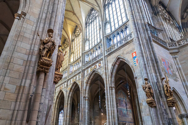 PRAGUE, CZECH REPUBLIC - OCTOBER, 2019: Beautiful interior of famous St Vitus cathedral in Prague