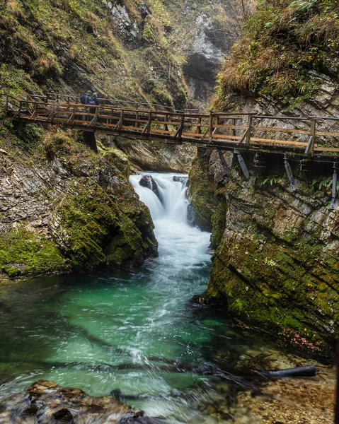 Pequena Cachoeira Águas Esmeralda Desfiladeiro Vintgar Com Caminho Elevado Madeira — Fotografia de Stock