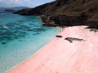 Komodo Ulusal Parkı, Flores, Endonezya 'da çarpıcı pembe plaj.  