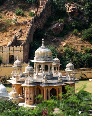 stone carved monuments of Majestic Gaitor Ki Chhatriyan temple in Jaipur, Rajasthan, India
