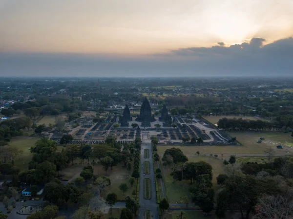 Drone Vista Bela Antiga Templo Hindu Prambanan Yogyakarta Indonésia — Fotografia de Stock