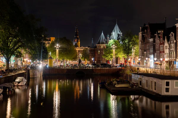 Beautiful Dutch Houses Canal Late Evening Water Reflection Amsterdam — 스톡 사진