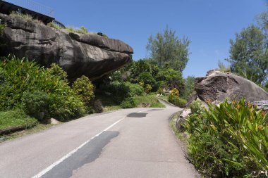Praslin Adası 'ndaki yol granit kaya daha cesur Seyşeller 