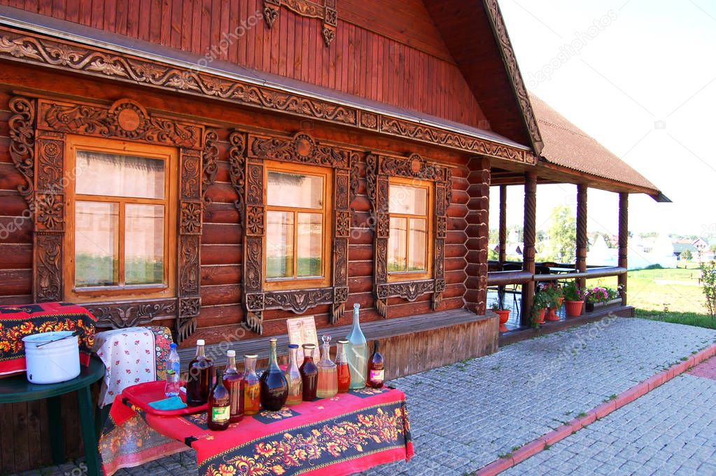 Traditional Russian hut. Russian drink. Suzdal, Russia