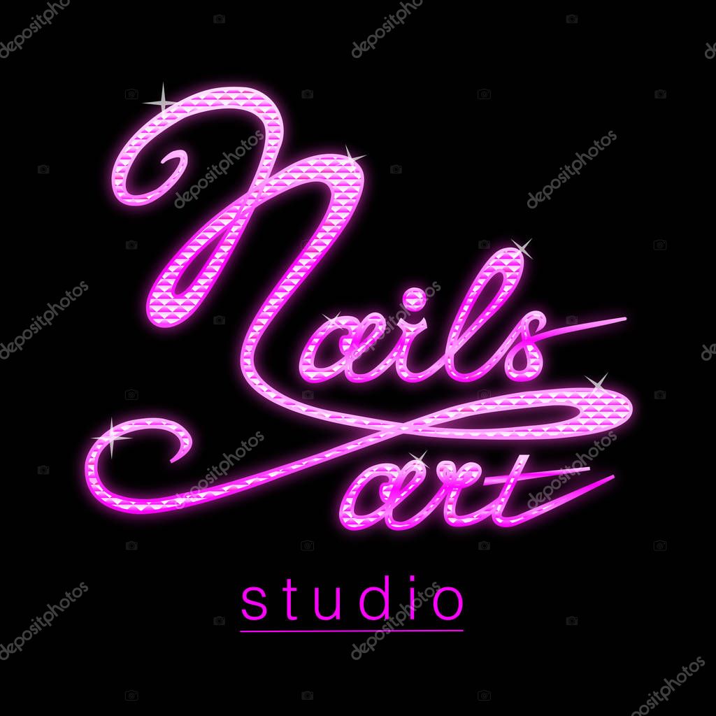 Nail studio logo with sparkling glitter pink effect lettering banner hand writing