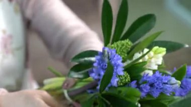 Kapatmak yukarıya-in çiçekçi hızlı bir şekilde beyaz ve mavi sümbül çiçek buketi beyaz bir sicim ile bağlar. Skimmia tarafından dekore edilmiş kompozisyon. 