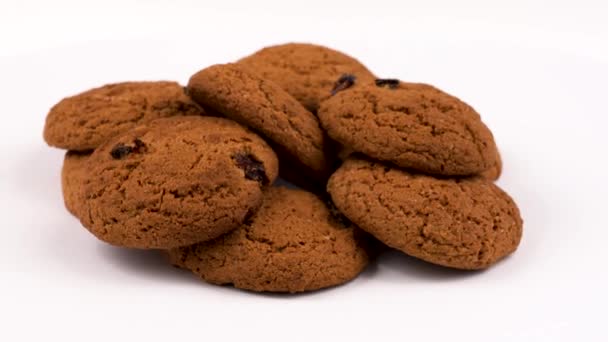 Biscoitos Aveia Estilo Country Com Passas Girar Isolado Branco — Vídeo de Stock