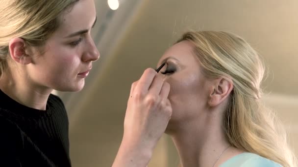 Artista Maquillaje Profesional Aplicando Cejas Cosméticos Industria Moda Primer Plano — Vídeo de stock