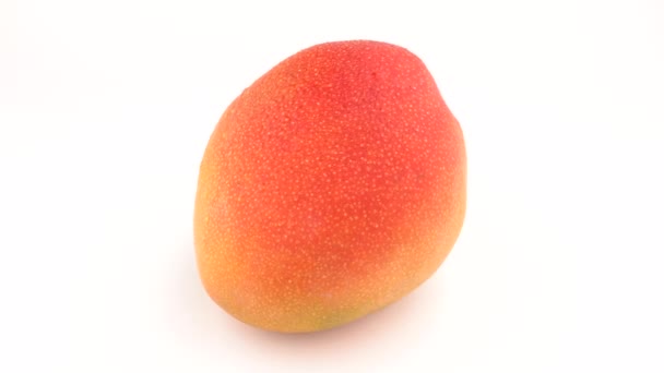 Mango frukt roterar på sväng tabell. Isolerade på vit bakgrund. Loopable. Närbild makro. Vinklad vy. — Stockvideo