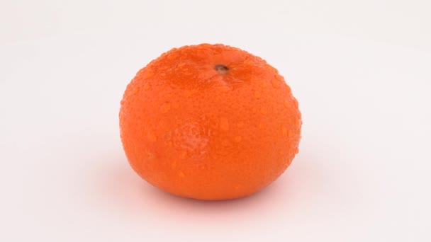 Mandarina orgânica laranja em gotas de água girando na mesa giratória. Isolado em fundo branco. Fechar . — Vídeo de Stock