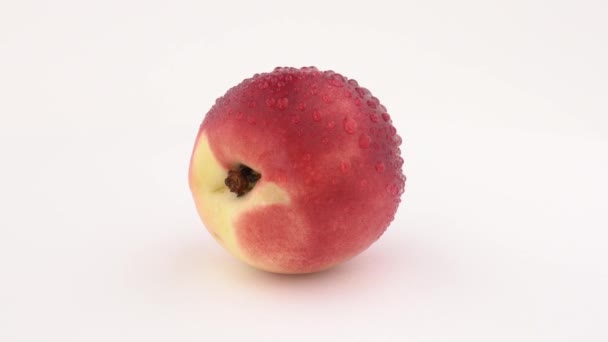 One nectarine with water drops rotating on a turn table. Isolated on white background. Close-up. Loopable — Stock Video