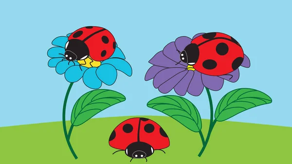 Δύο ladybugs κάθονται σε λουλούδια και μια πασχαλίτσα ανιχνεύσεις σχετικά με το σημείο — Διανυσματικό Αρχείο