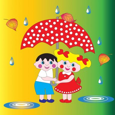 İki çocuk bir oğlan ve bir kız bir şemsiye altında.