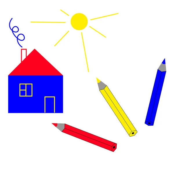 シンプルな家と 3 つの色鉛筆. — ストックベクタ