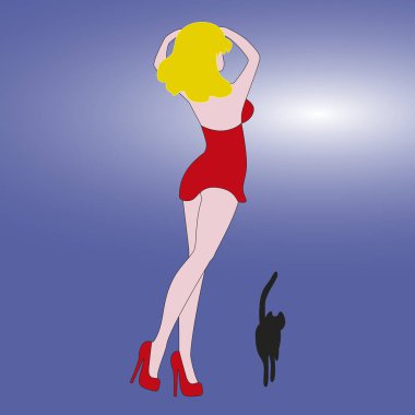 Kırmızı bir elbise ve siyah bir kedi kız.