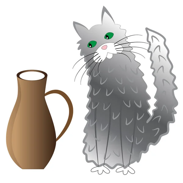 A grey cat and a jug of milk.