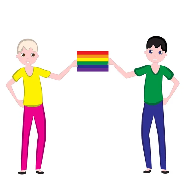 Two young guys holding a rainbow flag. — 图库矢量图片