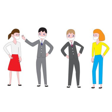 Koruyucu tıbbi maskeler takan bir grup insan beyaz bir geçmişle izole edilmiş..