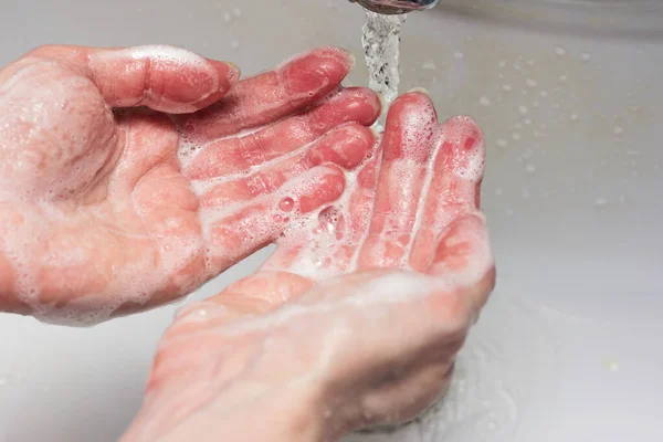 Woman Washes Her Hands Thoroughly Soap — Stock Photo, Image