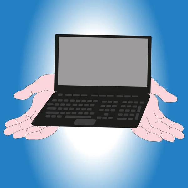 Mãos Homem Estão Segurando Laptop Fundo Gradiente Isolado —  Vetores de Stock