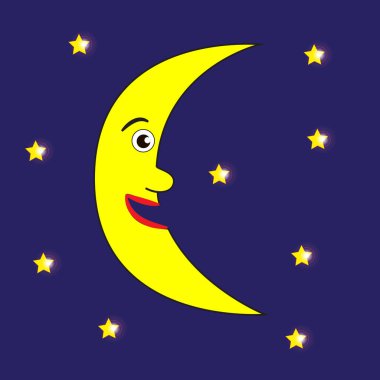 Gece gökyüzünde gülümseyen ay ve parlayan yıldızlar.