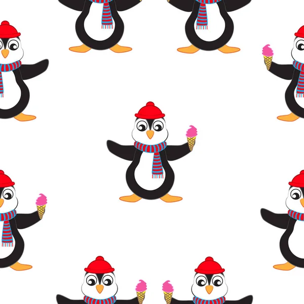 Pinguim Dos Desenhos Animados Está Segurando Sorvete Ilustração Sem Emenda — Vetor de Stock