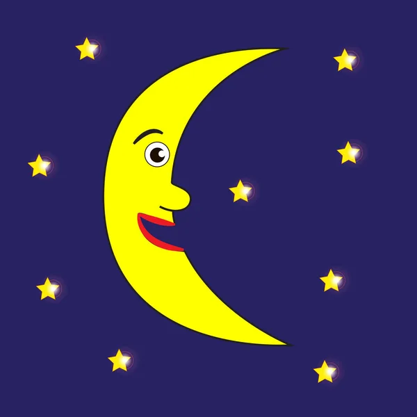 Usmívající Měsíc Zářící Hvězdy Noční Obloze — Stockový vektor