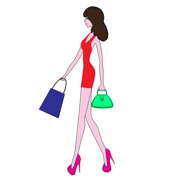 Ein Mädchen Mit Langen Beinen Hält Einkaufstüten Den Händen — Stockvektor