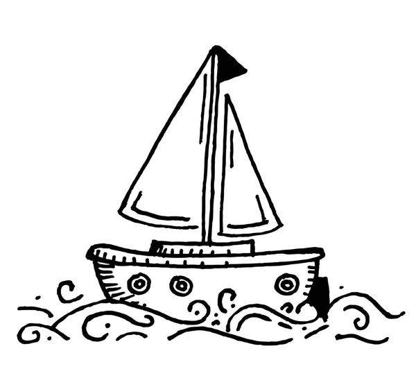 Drawing Vector Boat Illustration Black Drawing Vector Boat Sea Waves — Stock Vector