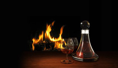 still life with aperitif or digestif and fire place clipart