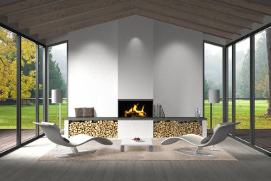 contemporary living room interior with fire place and view to the park clipart