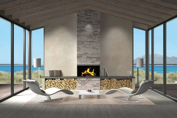 Seaside living room with fire place in the dunes — Stock Photo, Image