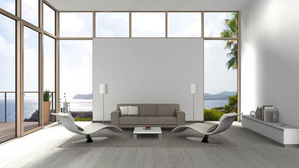 Sala de estar contemporânea com janelas frontais de vidro — Fotografia de Stock