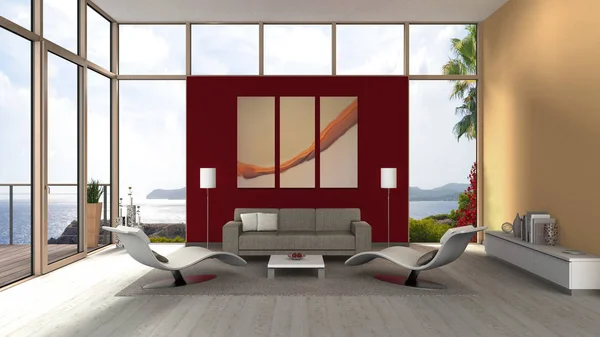 Sala de estar interior com frente de vidro e bela vista para o mar — Fotografia de Stock