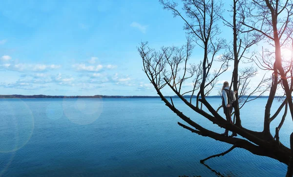 Женщина, стоящая на дереве и смотрящая на озеро — стоковое фото