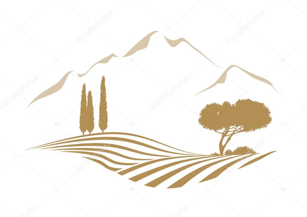 Rural vector landscape with plowed field, mountains, cypress and pine tree