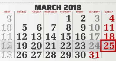 vektör takvimin Mart sürgülü kırmızı çerçeve ile 2018