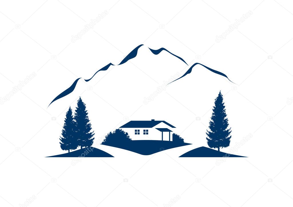 rural mountain landscape vector illustration with cottage and firs