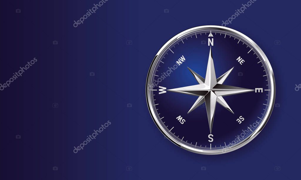 Glossy chromey metallic vector compass rose clip art symbol isolated on white background