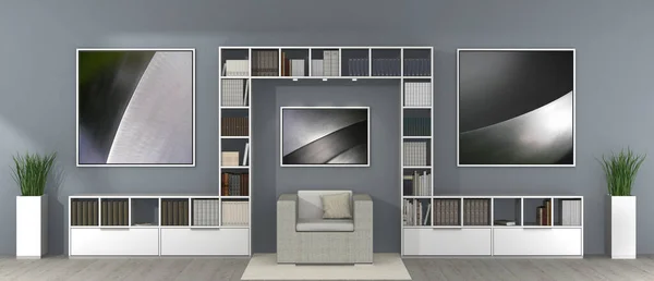 アームチェア 対称の本棚 写真が壁に飾られたフレームを背景にした現代的なリビングルームと図書館のインテリアの3Dレンダリング — ストック写真