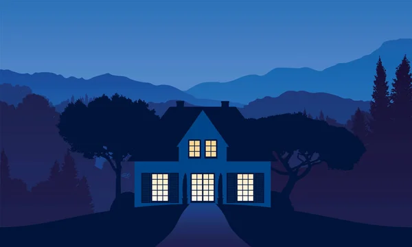 Vektorová Ilustrace Domu Kdesi Horské Krajině Noci Světlem Padajícím Okny — Stockový vektor