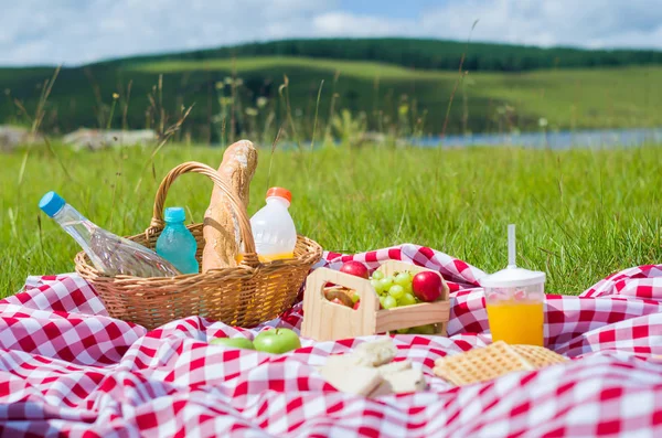 美しい景色を望む緑の芝生の上で果物やジュースとピクニックの素晴らしいコンセプト — ストック写真