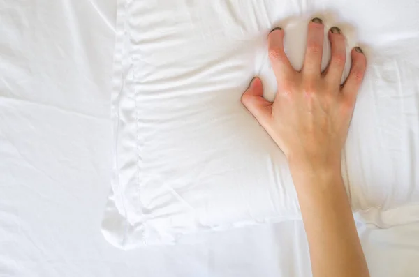 Hand Sign Orgasm Woman White Bed Hand Female Pulling White — Stock Photo, Image