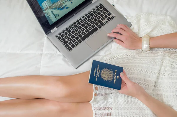 Great Concept Vacation Planning Woman Planning Holidays Passport Hand Computer — Stock Photo, Image