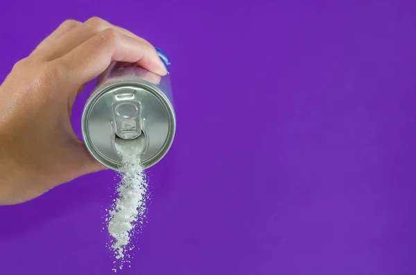 Hand Holding Soda Can Pouring Crazy Amount Sugar Metaphor Sugar — Stock Photo, Image