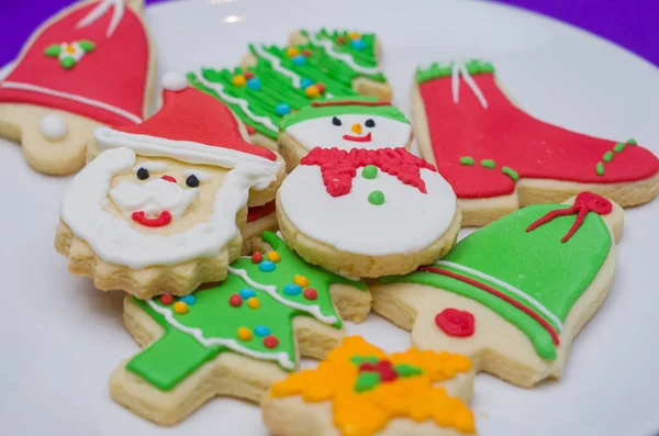 Great Christmas Background Christmas Biscuits White Plate Blue Background — Stock Photo, Image