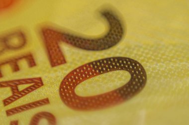 Brezilya para, 20 gerçek Not yakın detay.